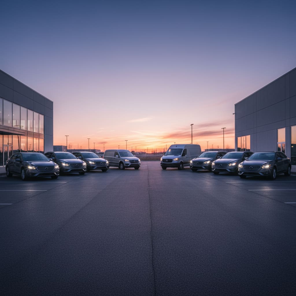 Fleet vehicles with headlights illuminated at dusk