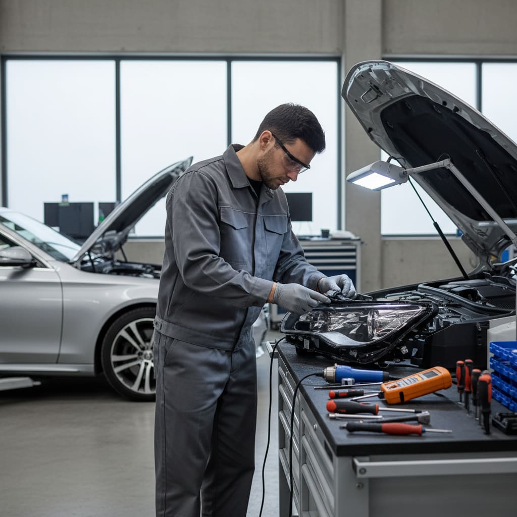 Technician servicing a car headlight in a clean workshop