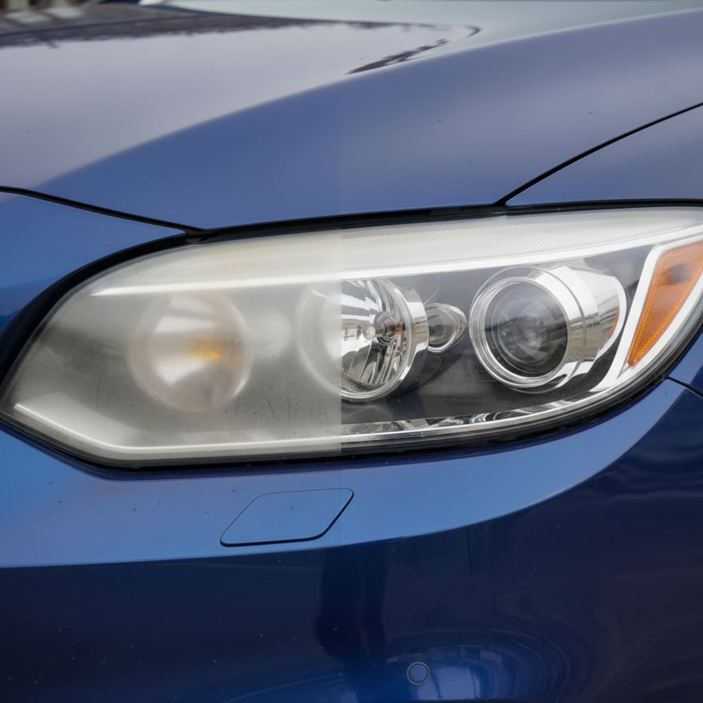 Before and after style view of a restored headlight lens