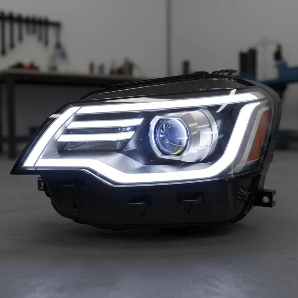 Close-up of a clean projector lens with crisp LED pattern