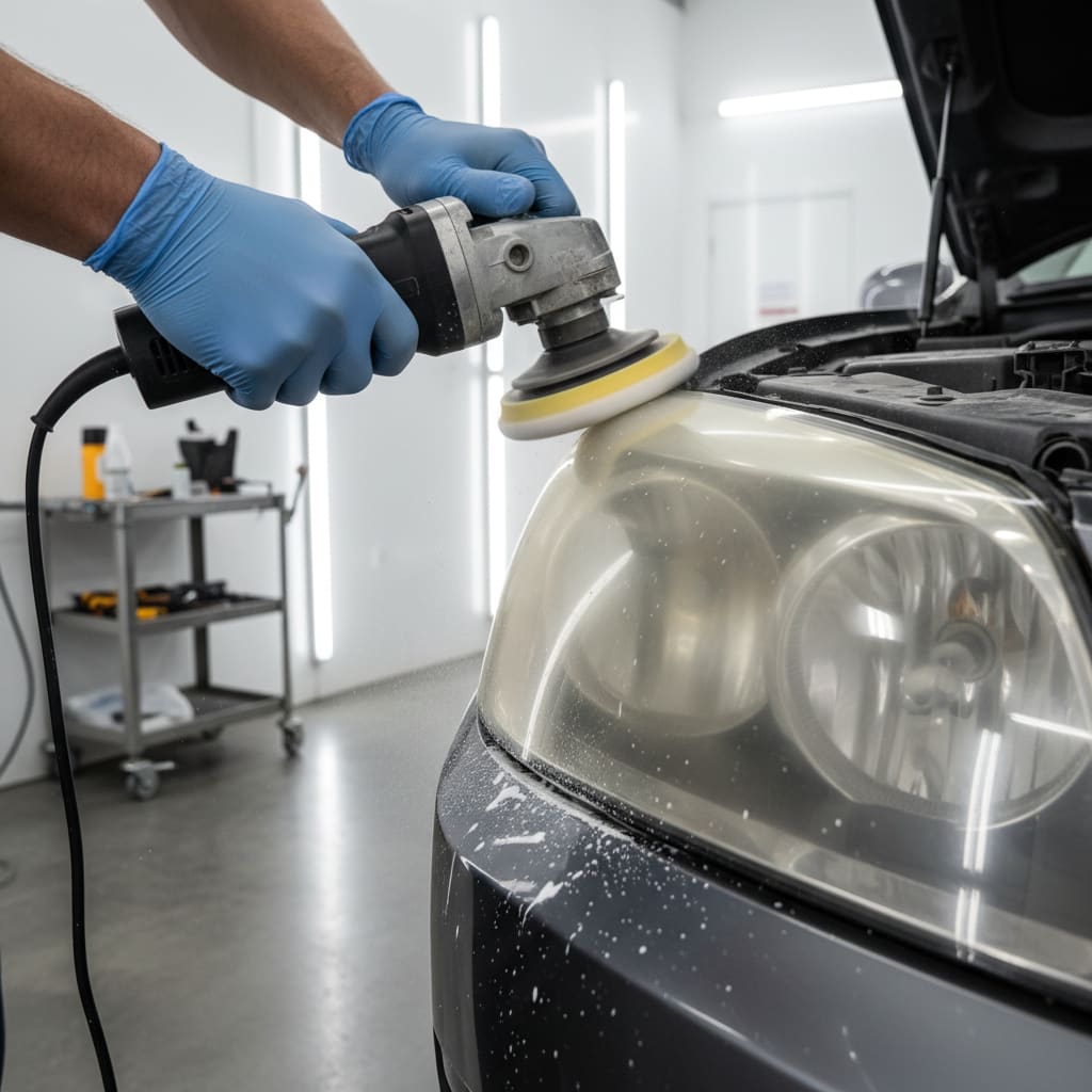 Headlight lens restoration in workshop